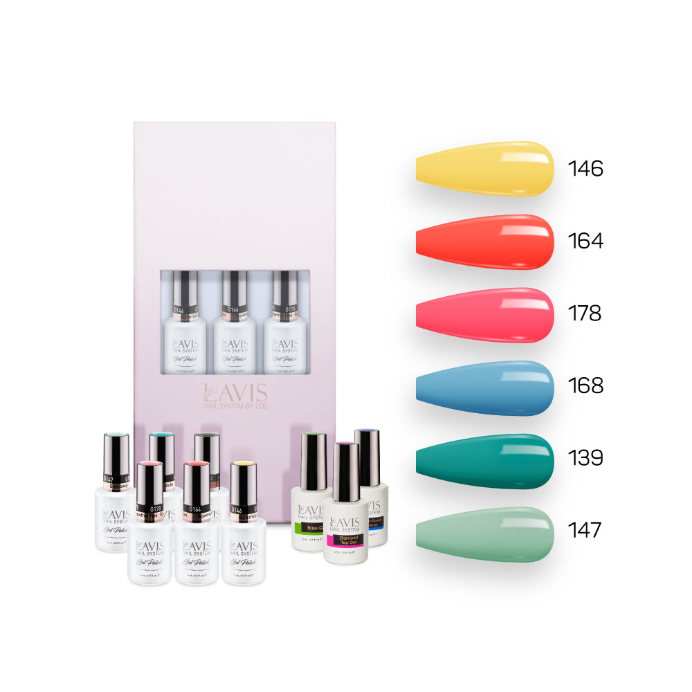 Lavis Summer Collection Gel Set 1: 6 Gel Polishes, 1 Base Gel, 1 Top Gel, 1 Protein Bond & Primer - 146; 164; 178; 168; 139; 147