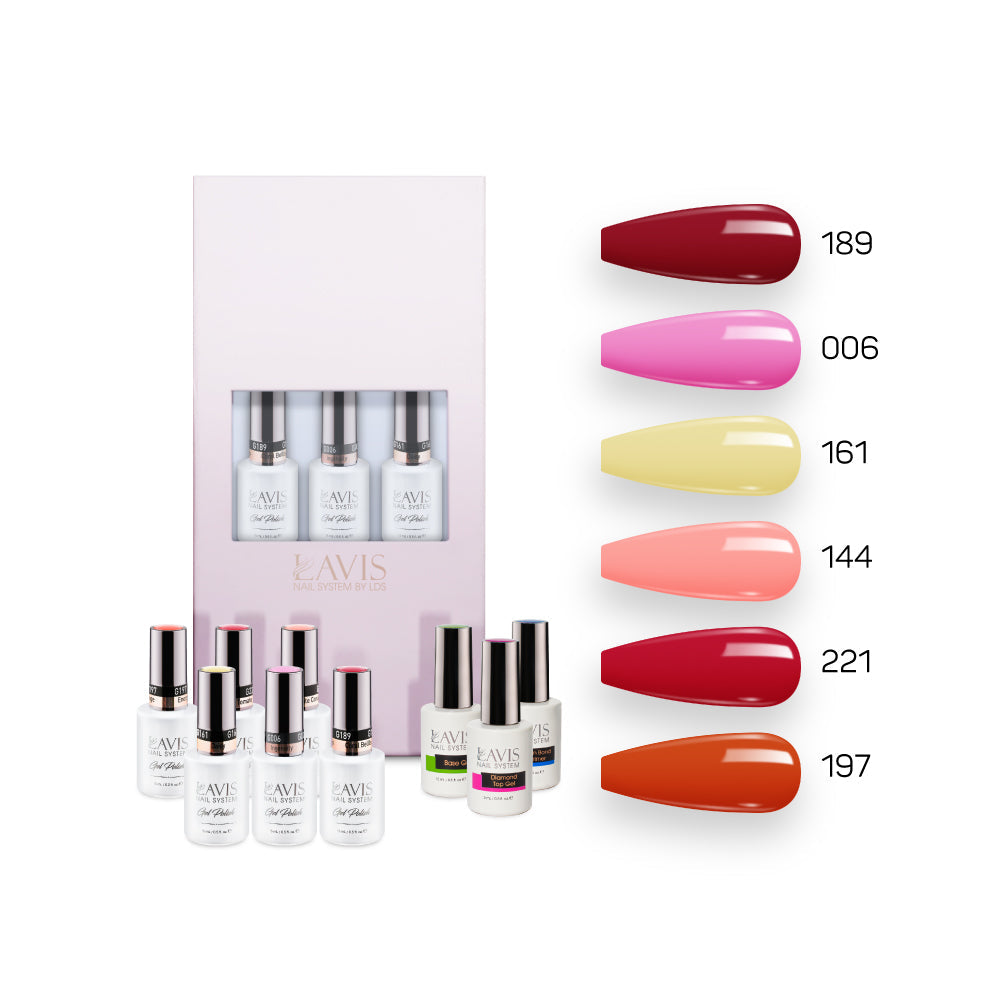 Lavis Summer Collection Gel Set 3: 6 Gel Polishes, 1 Base Gel, 1 Top Gel, 1 Protein Bond & Primer - 189; 006; 161; 144; 221; 197