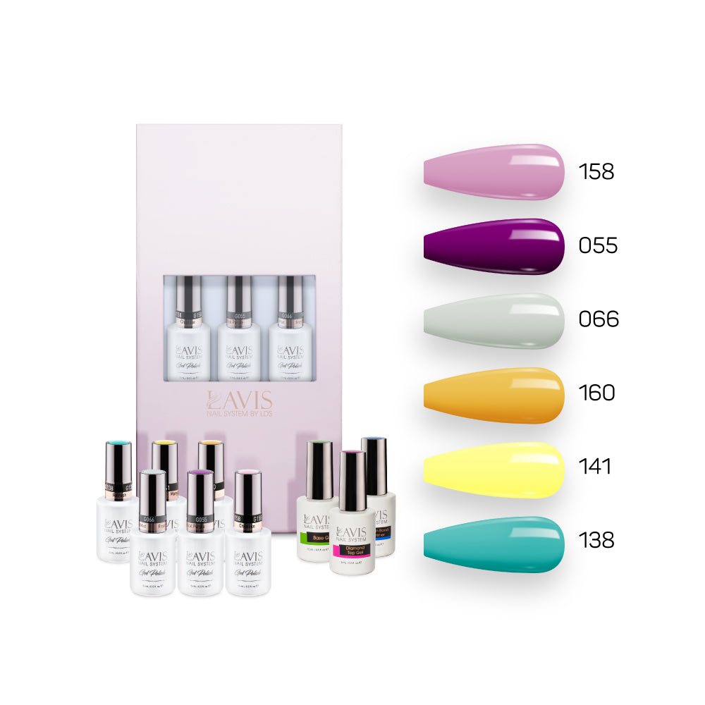 Lavis Summer Collection Gel Set 6: 6 Gel Polishes, 1 Base Gel, 1 Top Gel, 1 Protein Bond & Primer - 158; 055; 066; 160; 141; 138