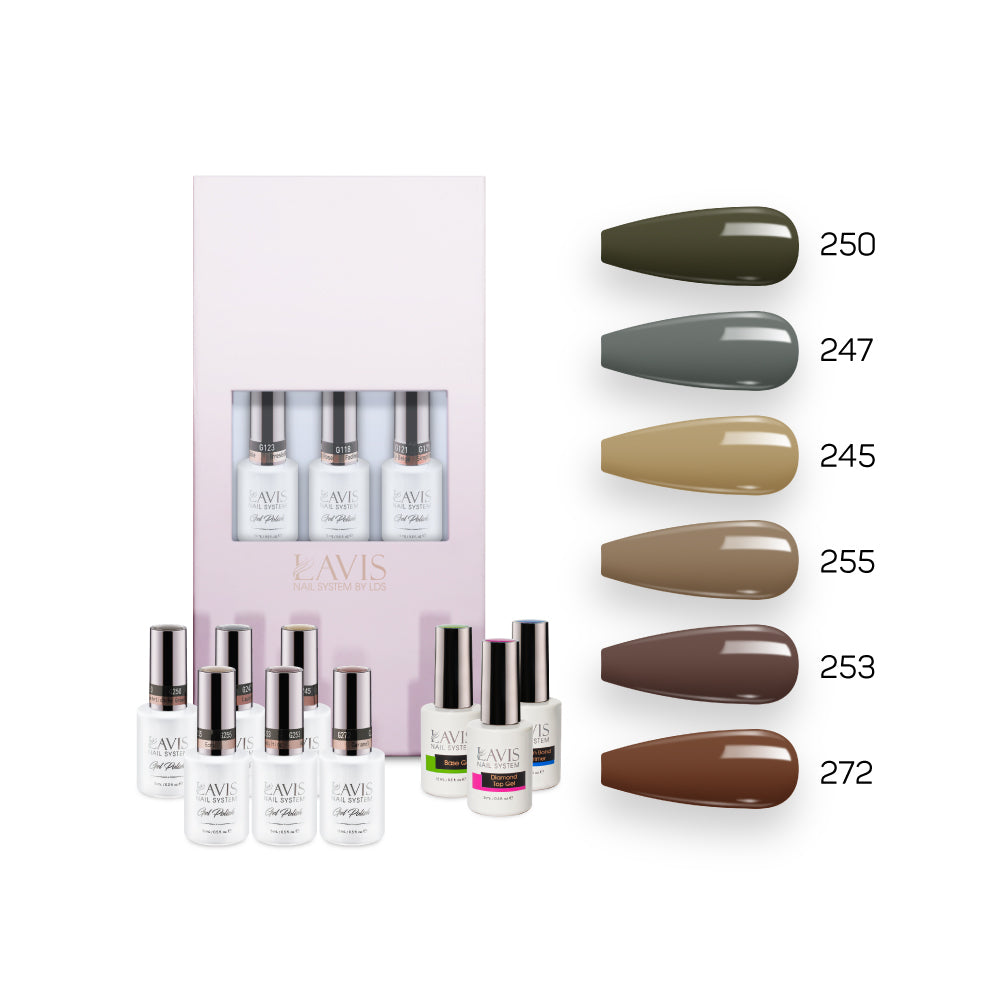 Lavis Fall Collection Gel Set 1: 6 Gel Polishes, 1 Base Gel, 1 Top Gel, 1 Protein Bond & Primer - 250; 247; 245; 255; 253; 272