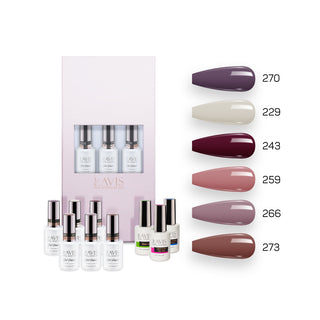 Lavis Fall Collection Gel Set 2: 6 Gel Polishes, 1 Base Gel, 1 Top Gel, 1 Protein Bond & Primer - 270; 229; 243; 259; 266; 273