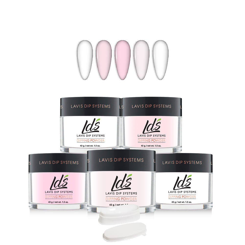LDS Pink & White Kit 5: Clear, Base, French White, Natural Pink, Dark Pink, 1 French Dip Molding