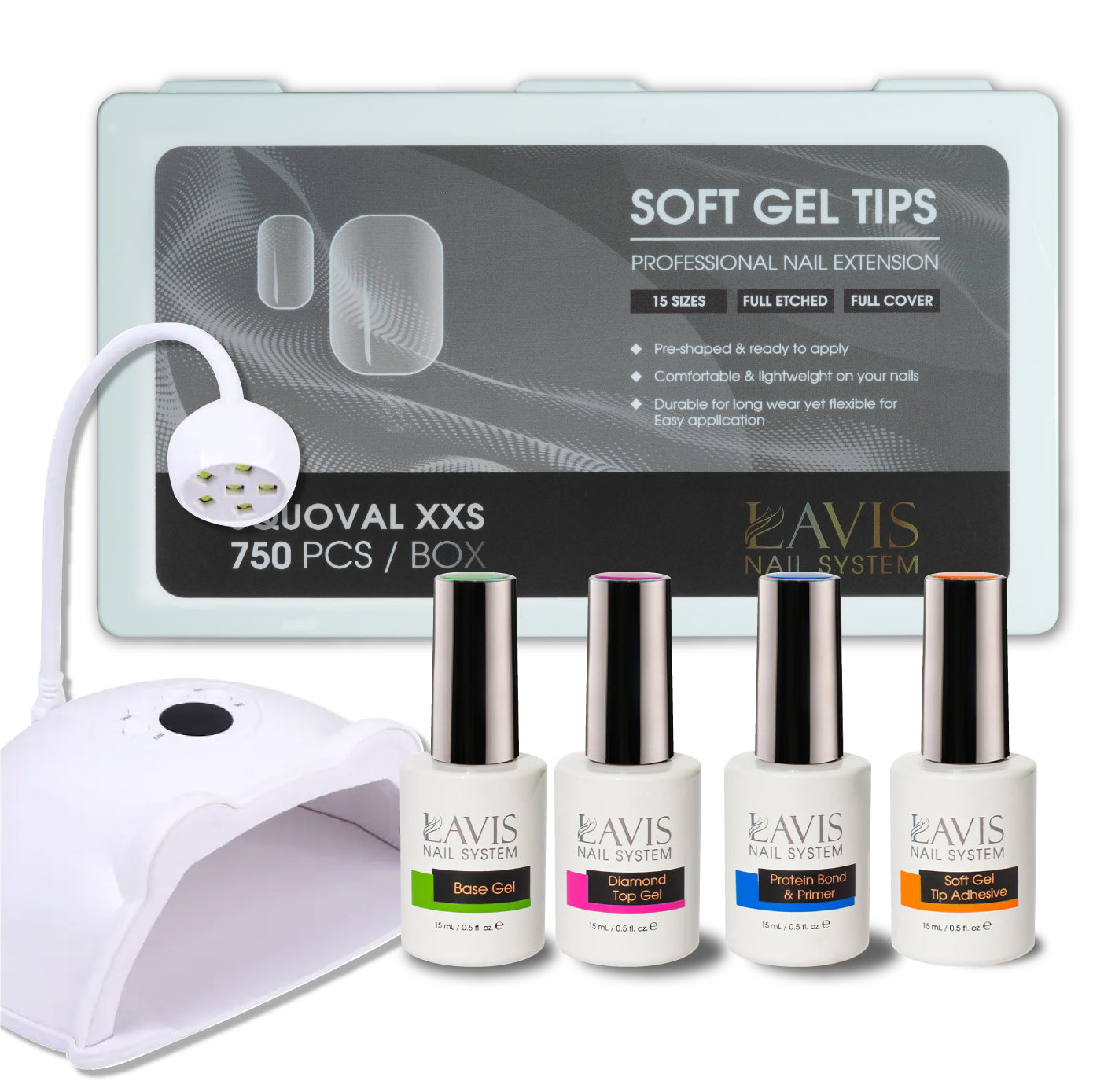 LAVIS - Squoval XXS Full Etched Soft Gel Tips + LED/UV Nail Lamps 48W HS-887 + LAVIS Gel Base, Diamond Top, Protein Bond & Primer, Soft Gel Tip Adhesive - 0.5 oz