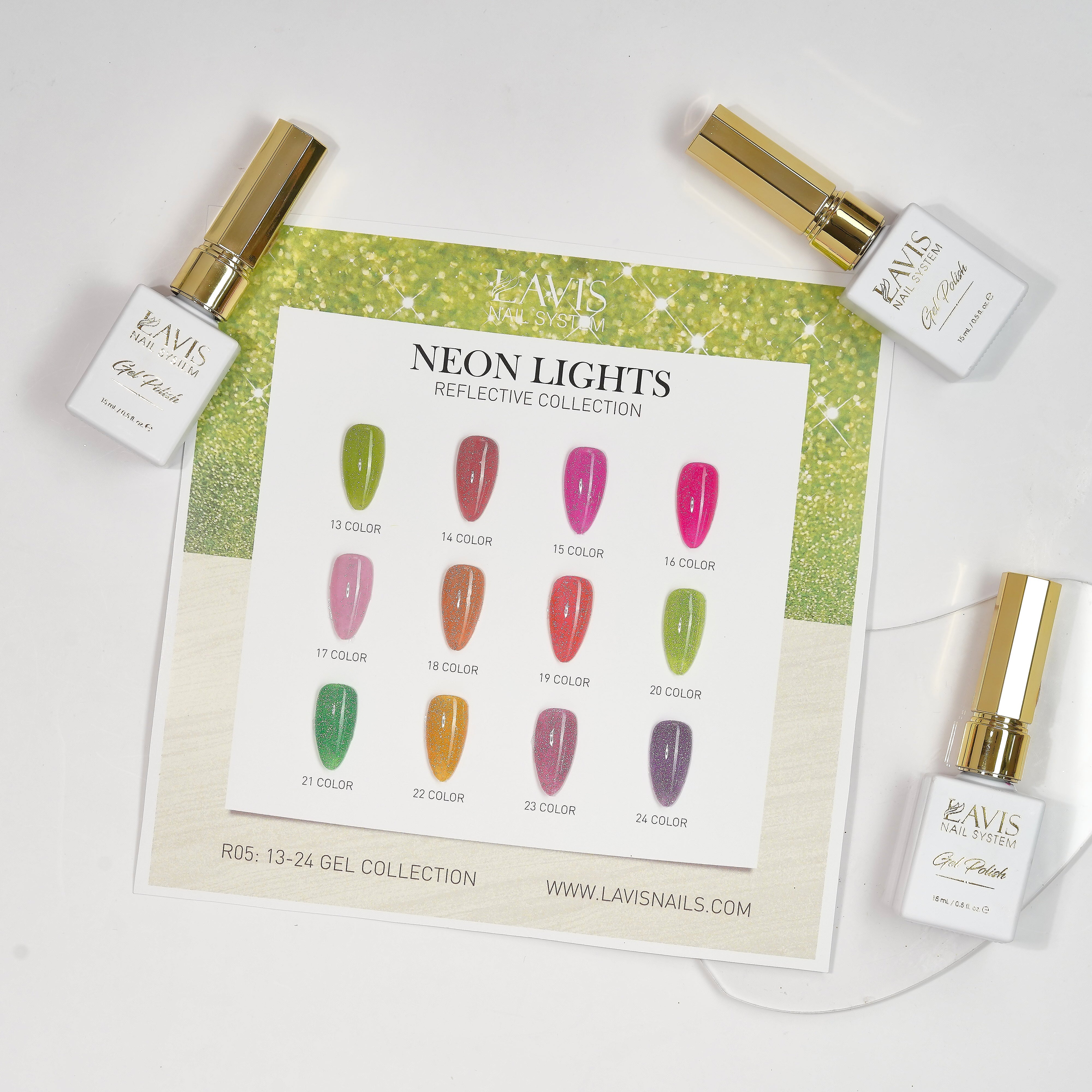 LAVIS Reflective R05 - Set 12 Colors - Gel Polish 0.5 oz - Neon Lights Reflective Collection