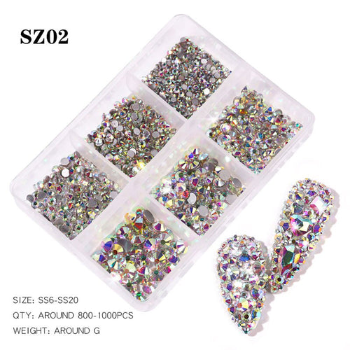 3D SZ02 AB Crystal Rhinestones for Nails Design 800Pcs Beads Flat Back Gems For Nail Mix 6 Sizes Multi Shapes Nails Crystal Diamonds for Nail DIY Craft