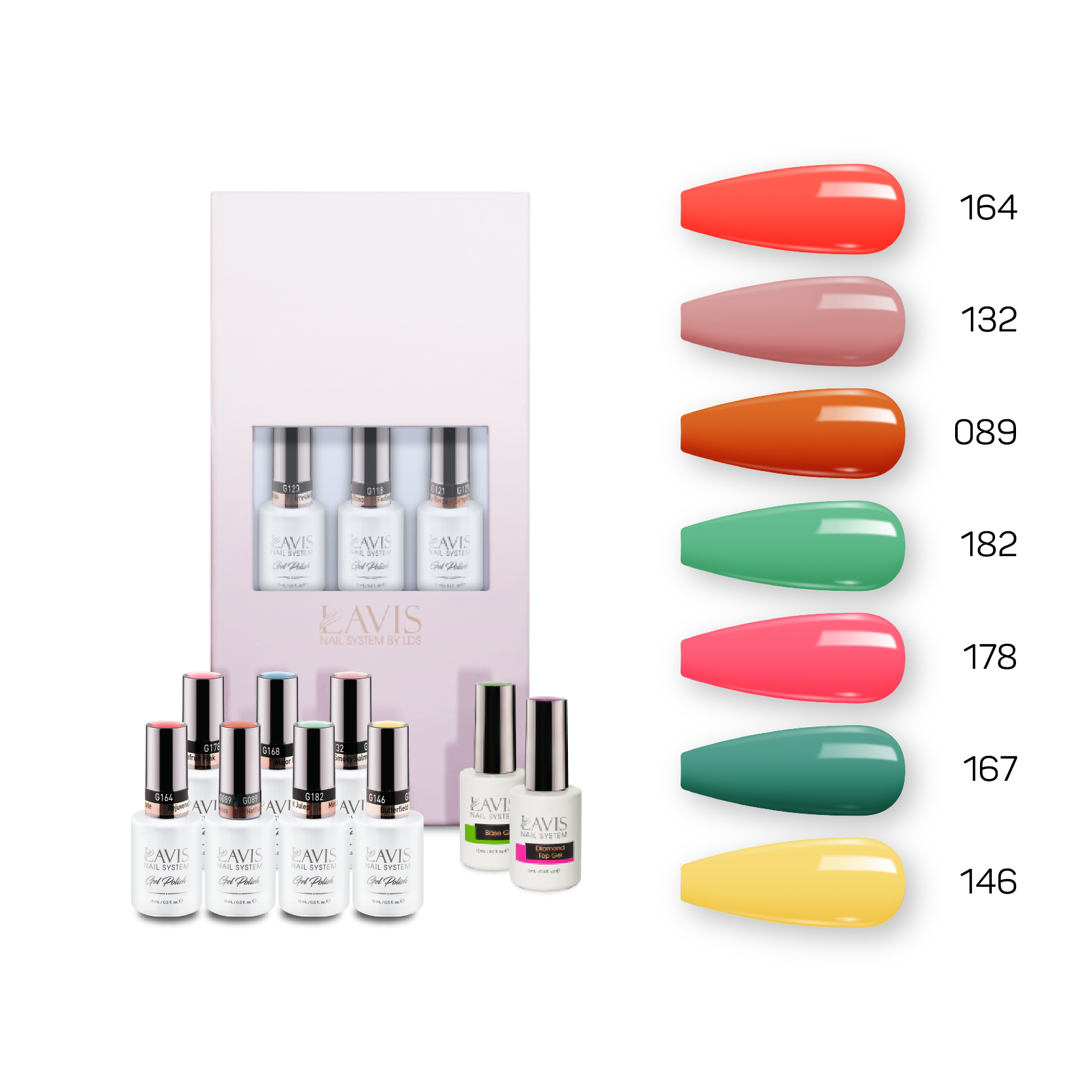 Lavis Holiday Collection: 7 Gel Polishes, 1 Base Gel, 1 Top Gel - Set 10 - 164; 132; 089; 182; 178; 167; 146 + BT