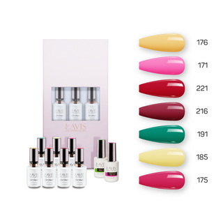 Lavis Holiday Collection: 7 Gel Polishes, 1 Base Gel, 1 Top Gel - Set 12 - 176, 171, 221, 216, 191, 185, 175 + BT