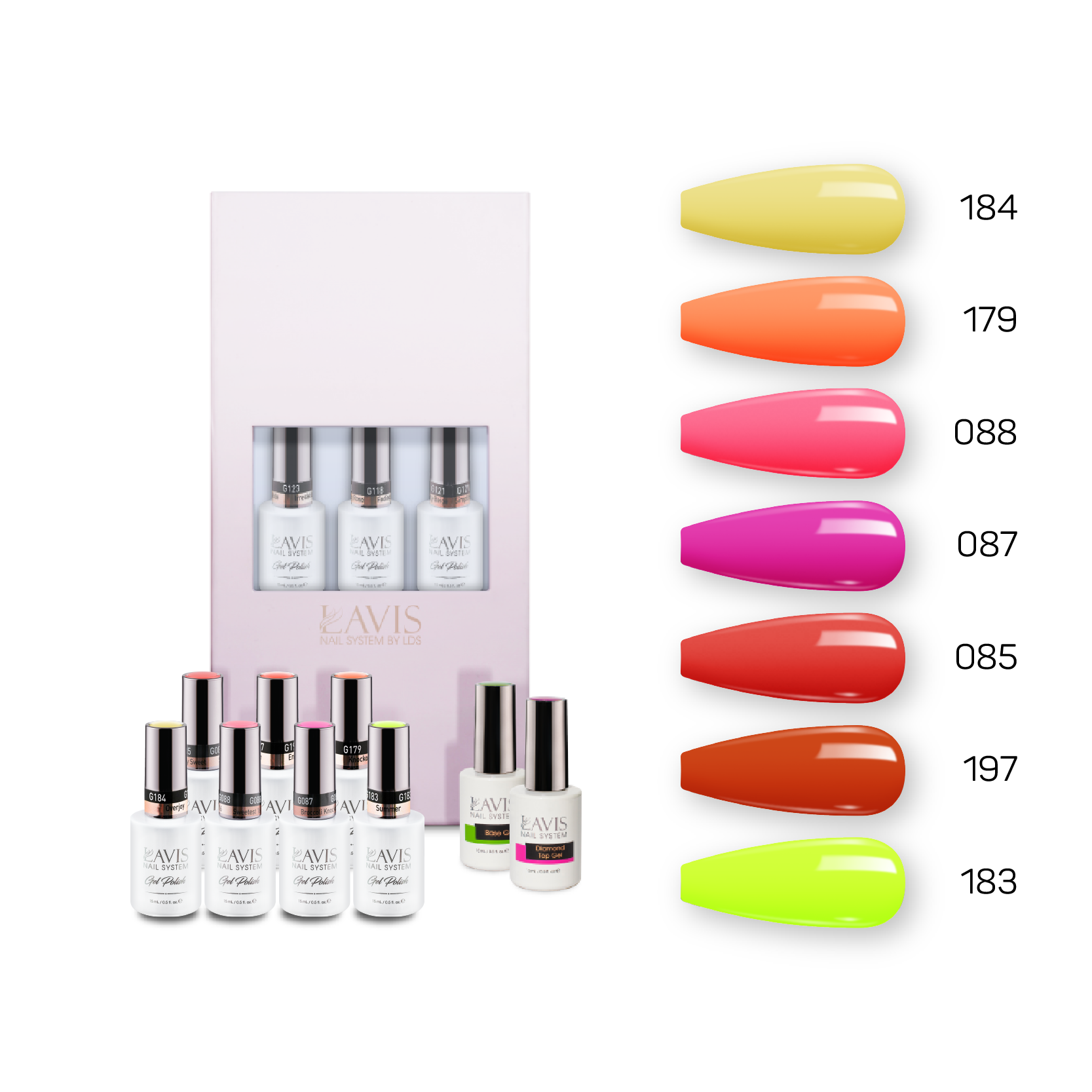 Lavis Holiday Collection: 7 Gel Polishes, 1 Base Gel, 1 Top Gel - Set 14 - 184, 179, 088, 087, 085, 197, 183 + BT