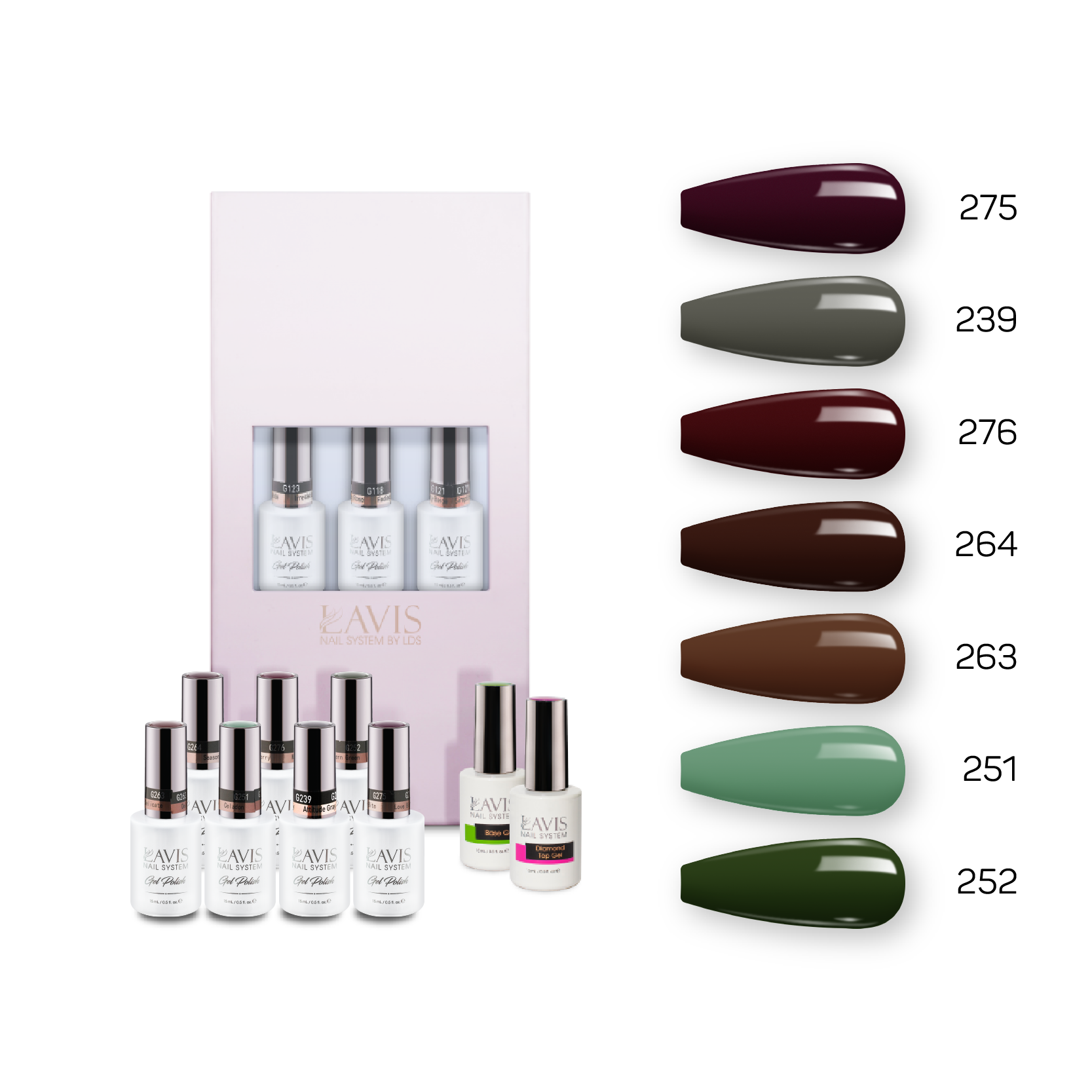 Lavis Holiday Collection: 7 Gel Polishes, 1 Base Gel, 1 Top Gel - Set 19 - 275, 239, 276, 264, 263, 251, 252 + BT