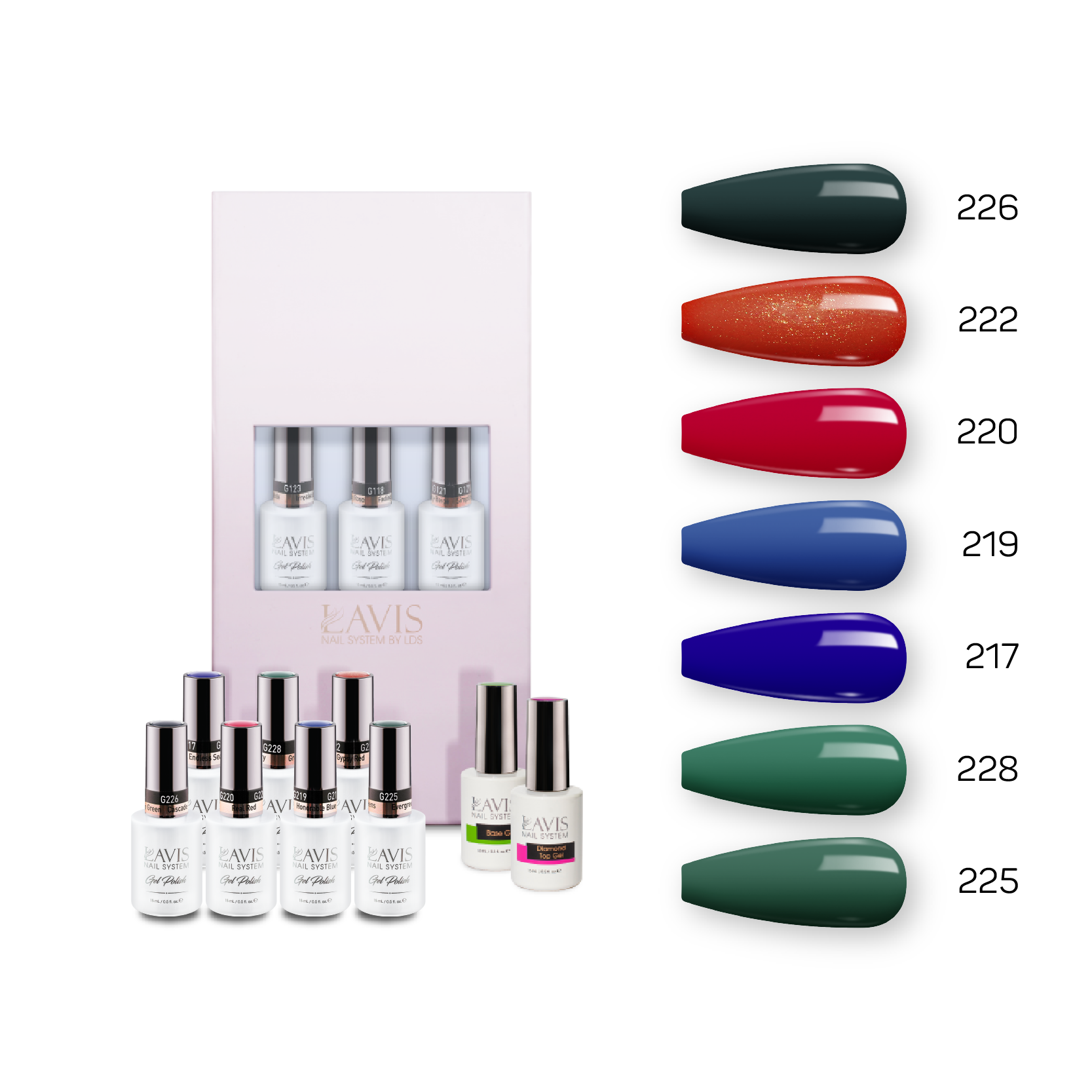 Lavis Holiday Collection: 7 Gel Polishes, 1 Base Gel, 1 Top Gel - Set 23 - 226, 222, 220, 219, 217,228, 225 + BT