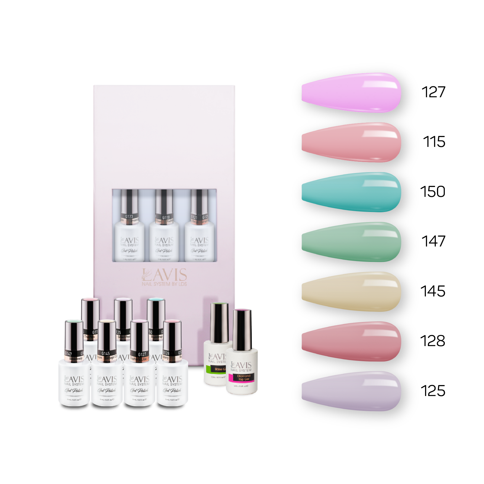 Lavis Holiday Collection: 7 Gel Polishes, 1 Base Gel, 1 Top Gel - Set 3 - 127, 115, 150, 147, 145, 128, 125 + BT