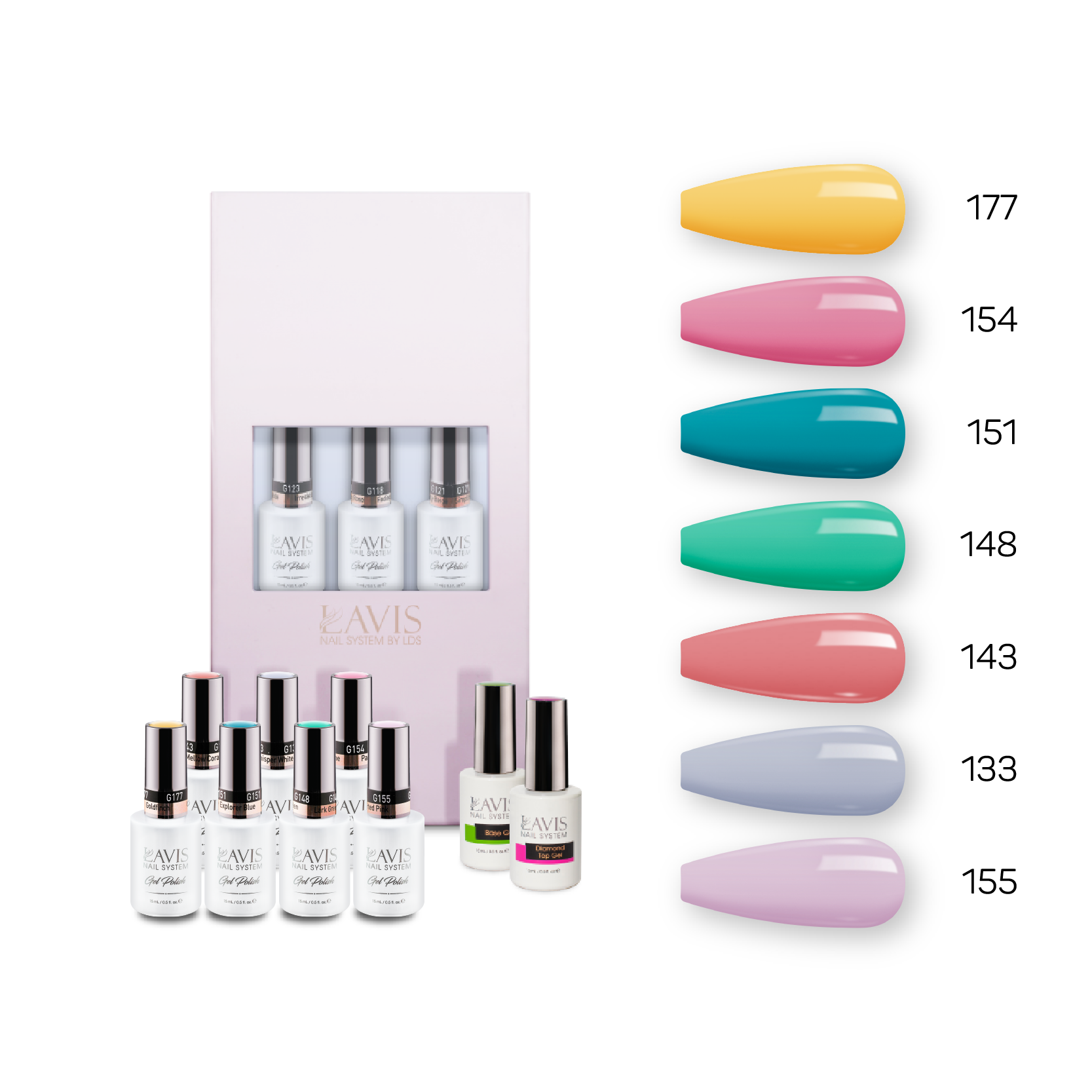 Lavis Holiday Collection: 7 Gel Polishes, 1 Base Gel, 1 Top Gel - Set 9 - 117, 154, 151, 148, 143, 133, 155 + BT