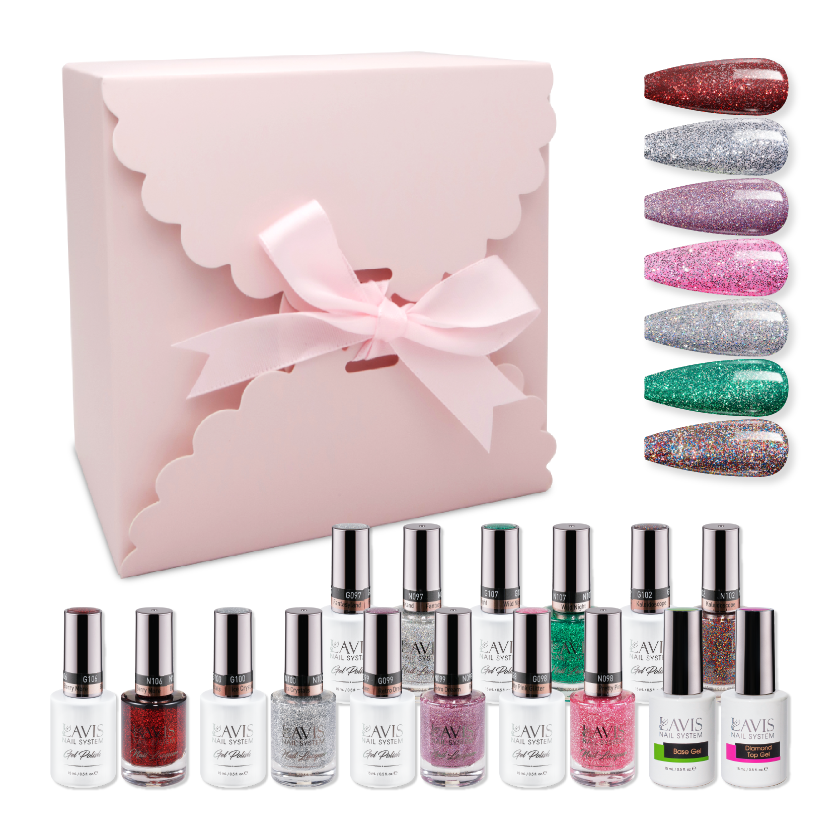 LAVIS Holiday Gift Bundle Set 21: 7 Gel & Lacquer, 1 Base Gel, 1 Top Gel - 097; 098; 099; 100; 102; 106; 107